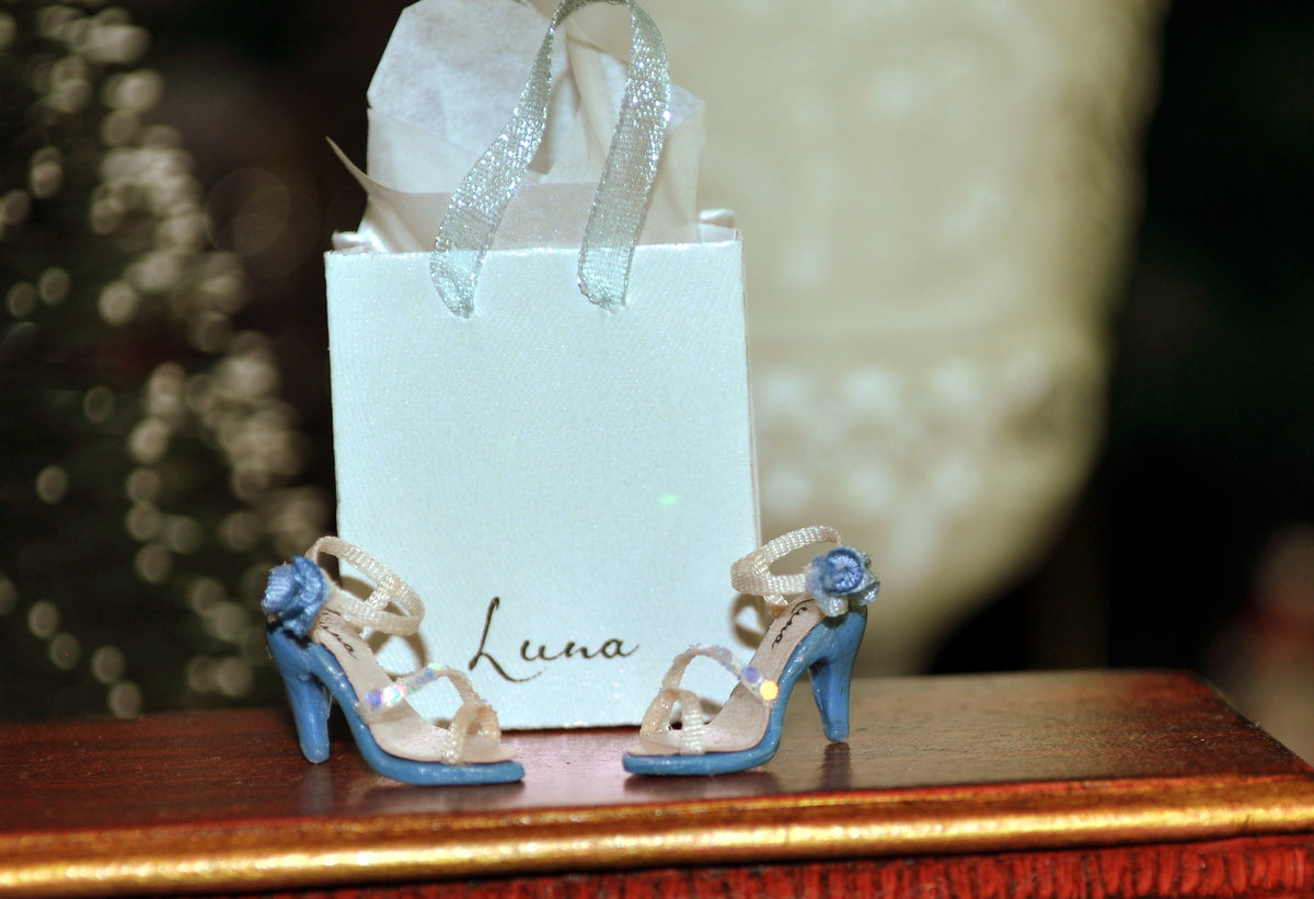 Pair of Luna Cream & Blue High Heels with Sequin & Rosette Details by Rika Moon